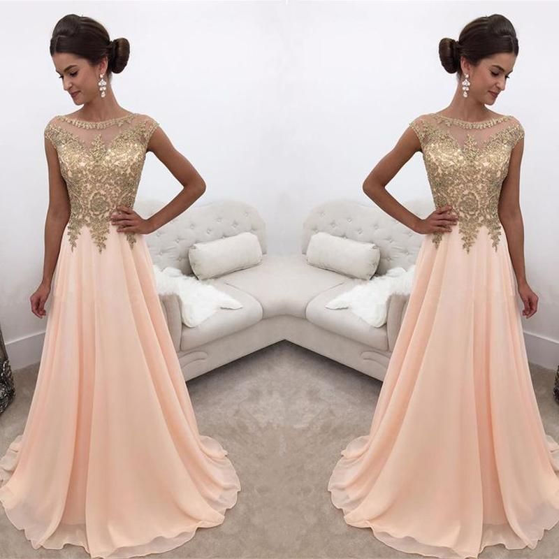 Robes de bal 2019 robes de soirée avec perle rose pure cou une ligne longue robe de soirée en dentelle appliques mousseline de soie sans manches