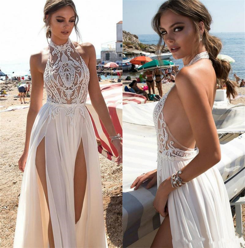 

Berta Sexy Wedding Dresses Halter Neckline Lace Appliques Beach Bridal Gowns Backless High Split A-Line Wedding Dress Robe De Mariée, Red