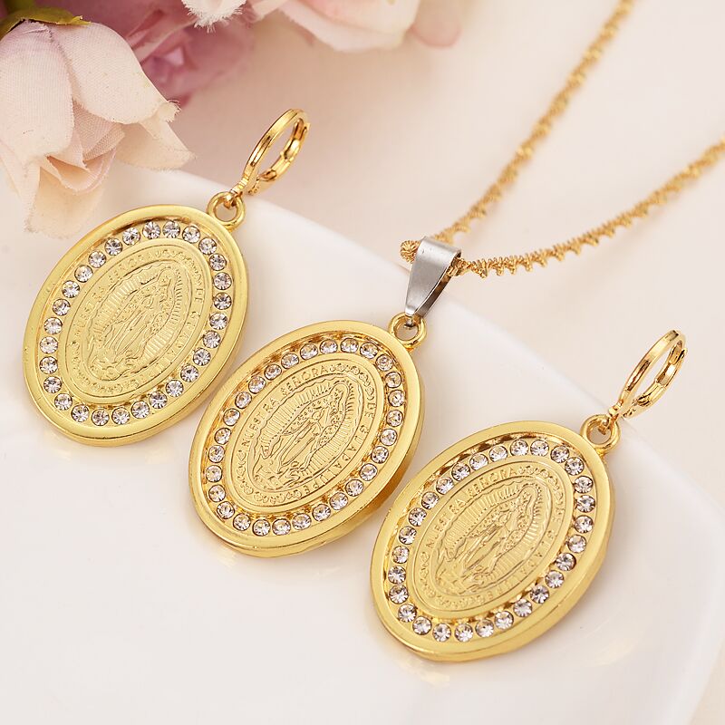 Mother Virgin Mary Necklace Pendant Earrings Set gold-plating Catholic Religious crystal Jewelry Set Christmas Gift-image-419052468