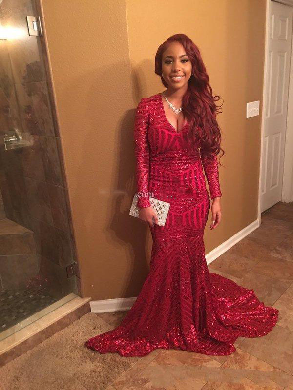 

Sparkly Bling Red Sequins Prom Dresses Mermaid V Neck Long Sleeves African American Sweep Train Junior High School Party Evening Gowns, Ivory