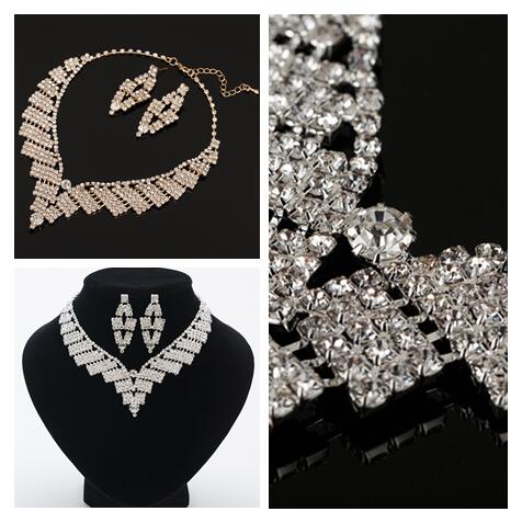 

exquisite love heart Bridal Crystal Necklace White Rhinestones Mosaic Wedding Dress Jewelry Lady Earrings Necklace Jewelry Set, Silver