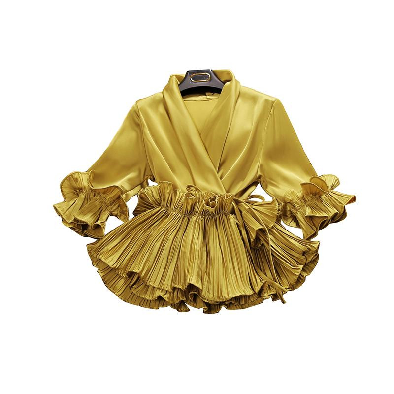 2018 spring and summer new female Deep V-neck ruffles lace up chiffon shirt women's three Quarter sleeve shirts women blouses