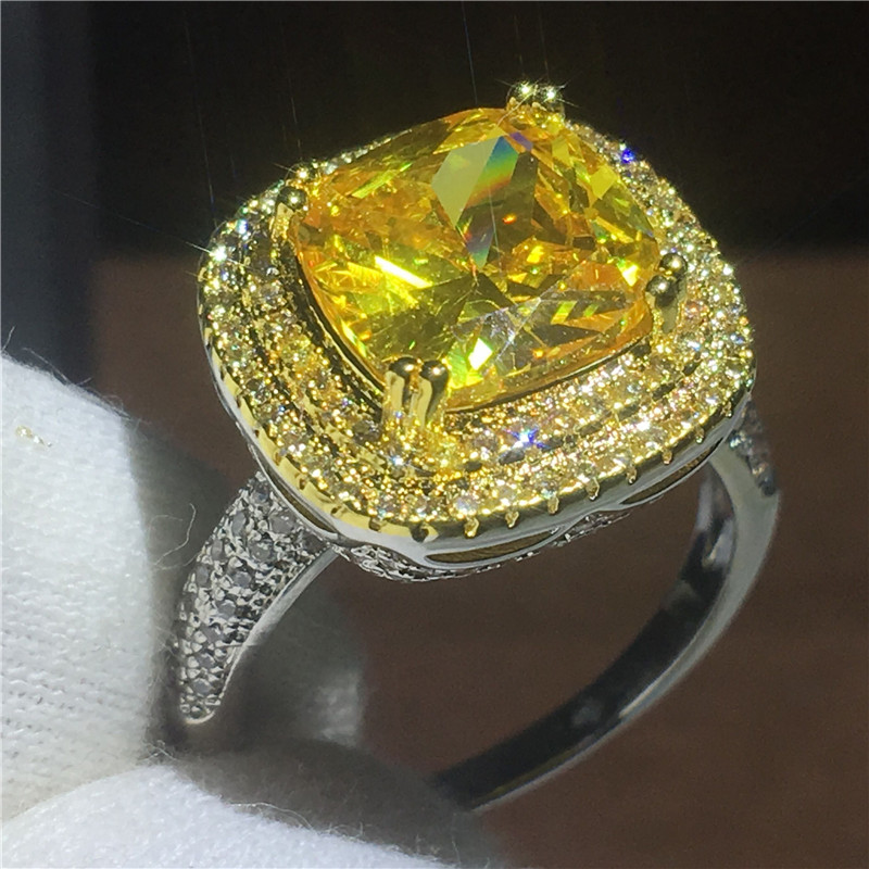 

2018 Brand Luxury Female rings Cushion cut 3ct 5A Zircon Cz White Gold Filled Engagement wedding band ring for women Bridal