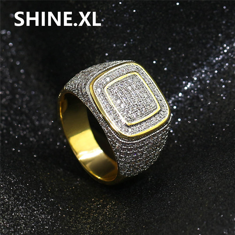 Hip Hop New Fashion Micro Pave Zircon Iced Out Bling Copper Gold Color Plated Male Ring Party Jewelry