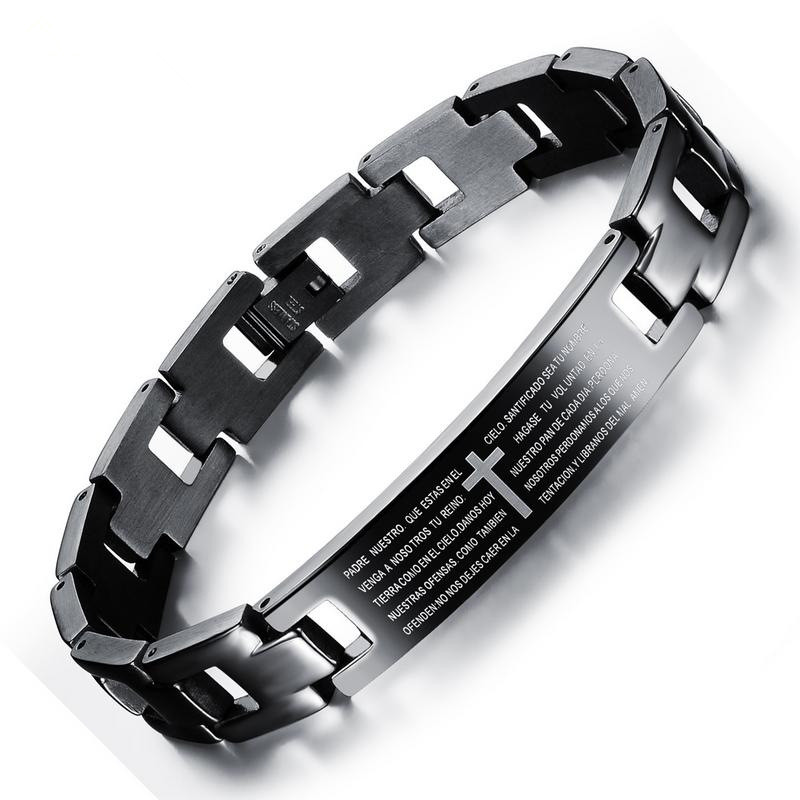 

Lord's Prayer Crucifix Bracelets For Men Wholesale Black Titanium Steel Bangle Men's Bracelets With Factory Price