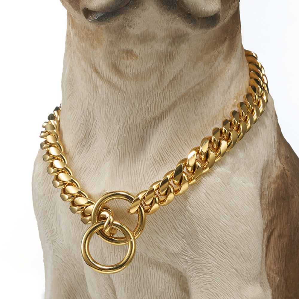 

Fashion 12mm Dog Chain Collar Gold Tone 316L Stainless Steel Curb Miami Link Customize Pets Gift Wholesale Jewelry