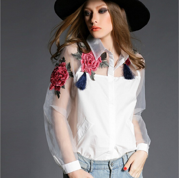 2018 new spring fashion elegant flower embroidery organza shirt camisetas casual women blouses tops 606B 32