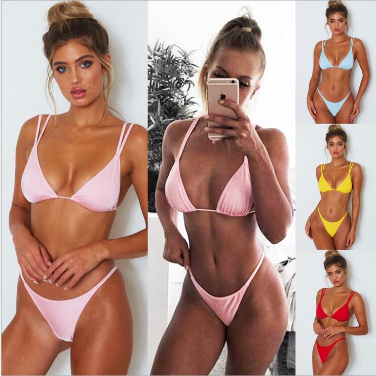 

Two Piece Bikini Swimsuit Swimwear Thong Sets Deep V Double Straps Solid Color Ladies Swimming Suits for Women -XL