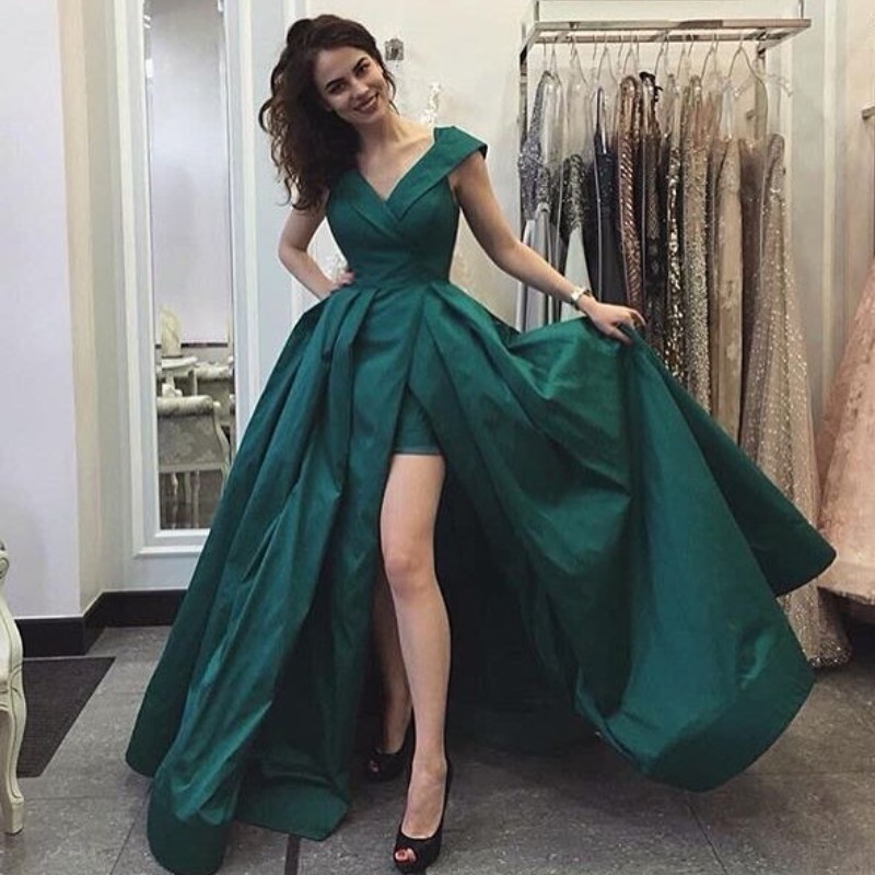 

Fashion Side Split Prom Dress Elegant V-Neck Sleeveless Zipper Back Celebrity Party Dresses 2018 Charming Satin Long Arabia Evening Dresses, Gold