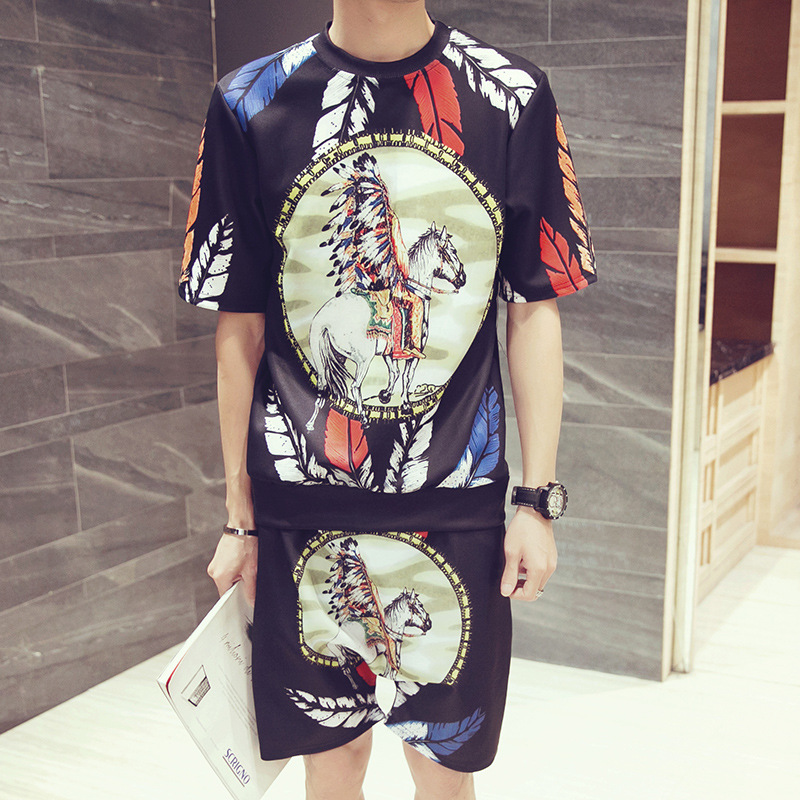 

Plus Size Summer new 3D print short sleeve suit male couple short sleeve T shirt shorts suit set two pieces, Navy blue