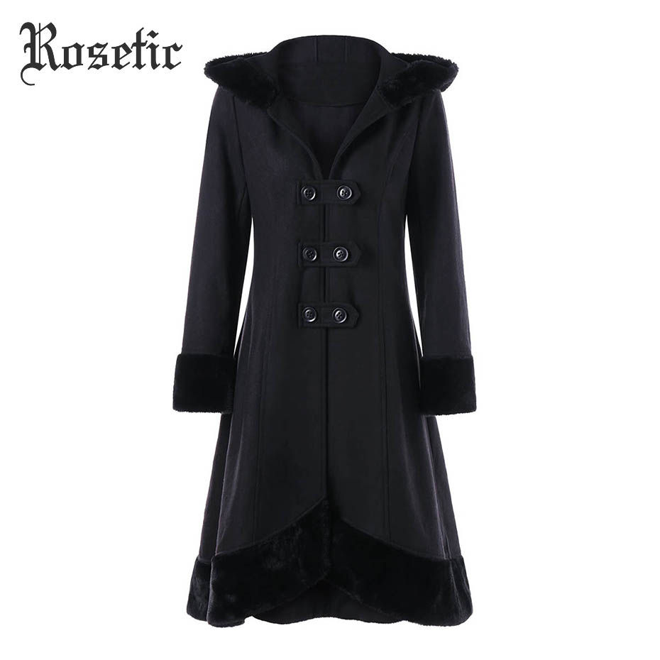 

Rosetic Gothic Coat Black Women Winter Hooded A-Line Patchwork Lace-Up Christmas Overcoats Vintage Fashion Retro Warm Goth Coats
