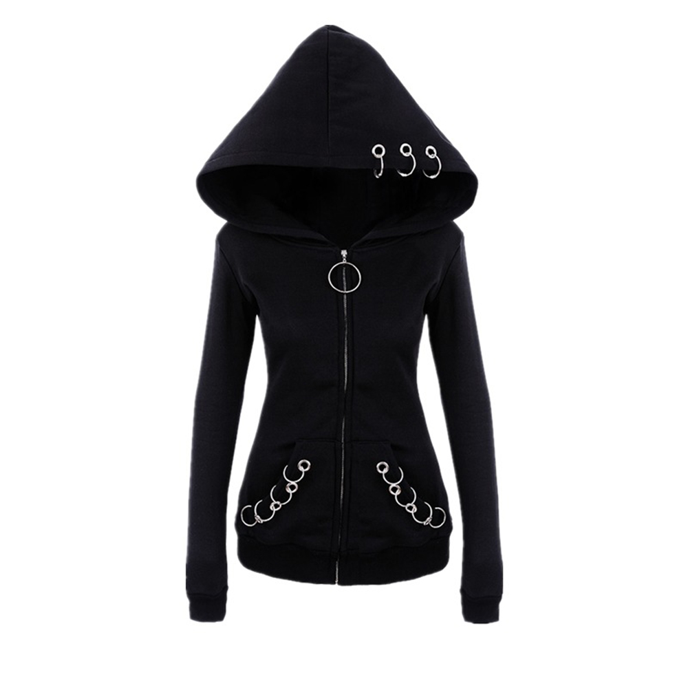 Women punk style 2018 autumn winter black fleece hoodie sweatshirt iron rings zipper hooded cool dark gothic hoodies
