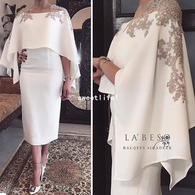 2019 New White Satin Cocktail Dresses With Wrap Appliques Tea Length Sheath Dubai Style Formal Occasion Party Gown Custom Made