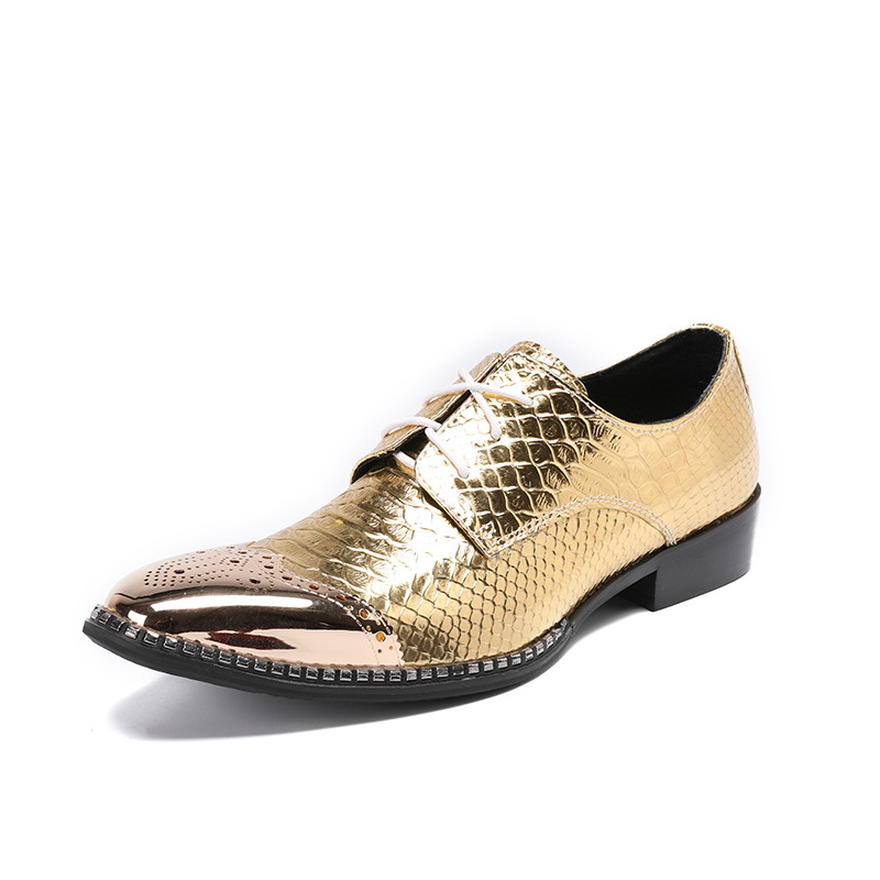 

Luxury Mens Golden Dress Shoes British Designer Metal Toe Charm Lace Up Leather Shoes Python Snake Pattern Party Shoes 46, Gold