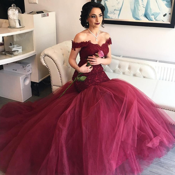 

Elegant Wine Red Lace Mermaid Prom Dresses Long 2017 Off Shoulder Appliques Tulle Burgundy Formal Evening Gowns Party Dress Robe De Soiree, Multi