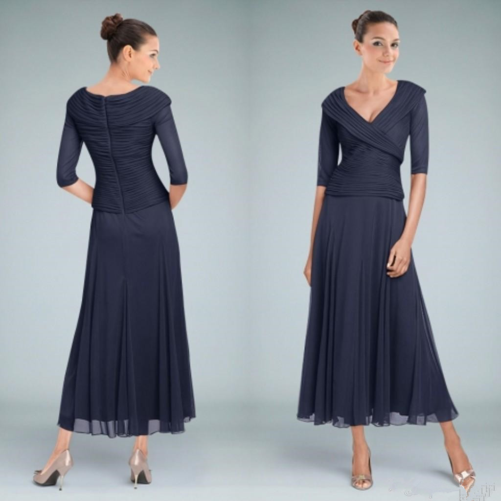 Cheap Tea Length Mother Of The Bride Dresses Half Sleeve Navy Blue Pleats Scoop Neckline Plus Size Chiffon Mothers Groom Dress