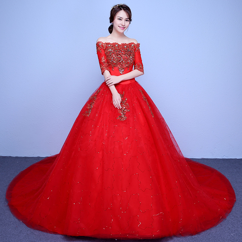 

Real Photo Luxury Long Train Wedding Dress 2018 Court Vintage Boat Neck Half Sleeve Lace Bride Dress vestido de noiva Appliques, White