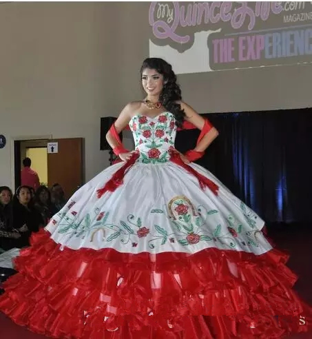 

2018 New Sexy Red White Satin Ball Gowns Embroidery Quinceanera Dresses With Beads Sweet 16 Dresses 15 Year Prom Gowns BQ39, Same as picture