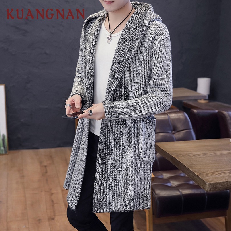 KUANGNAN Solid Long Cardigan Men Sweater Knit Winter Hooded Cardigan Men Sweater Man Long Mens Cardigans Sweater Male 2018 New C18111501
