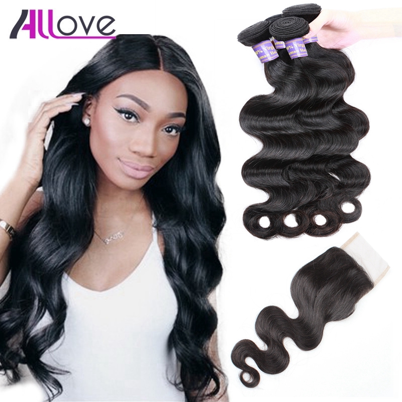 

Allove Body Wave Human Hair Bundles Wefts with Lace Closure Malaysian Virgin Extensions Brazilian Indian Wholesale for Women All Ages Natural Black 8-28inch, Natural color