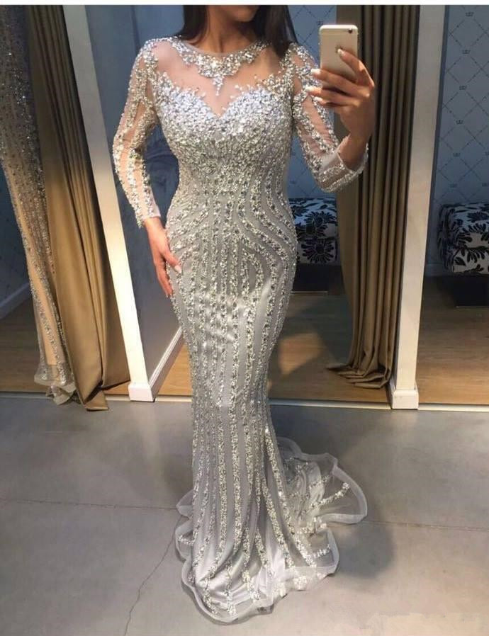 

Real Image Sparkly Sliver Beading Crystal Evening Dresses Wear Illusion Jewel Neck Long Sleeves Zipper Back Long Mermaid Prom Party Gowns, Same as picture
