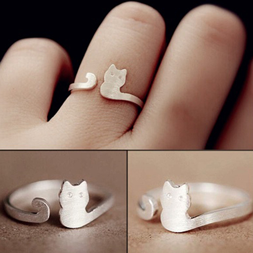 

Women Fashion Jewelry Xmas Gift Cartoon Cat Sliver Plated Open Adjustable Ring