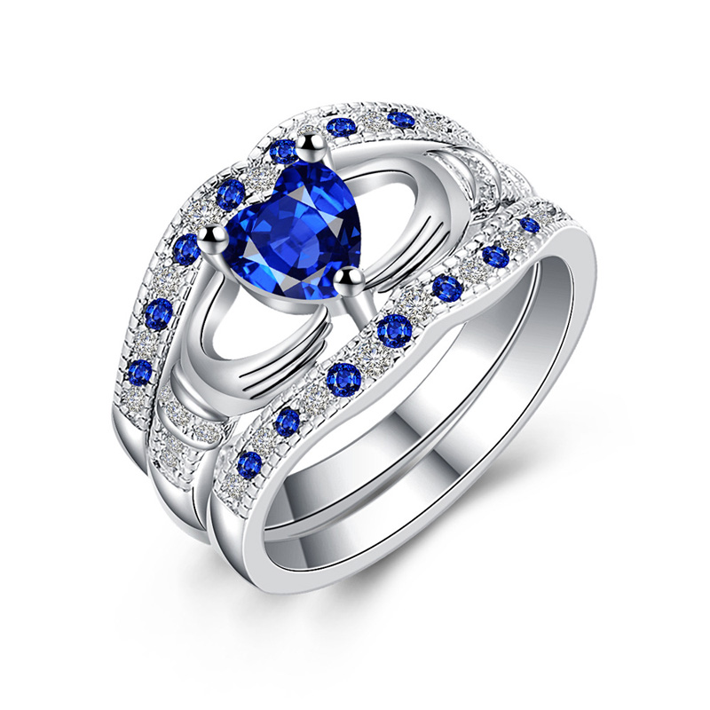 

Luxury Three layers sapphire Rings sets 925 sterling silver Blue crystal Rhinestone diamond Heart Wedding ring For women Fashion Jewelry