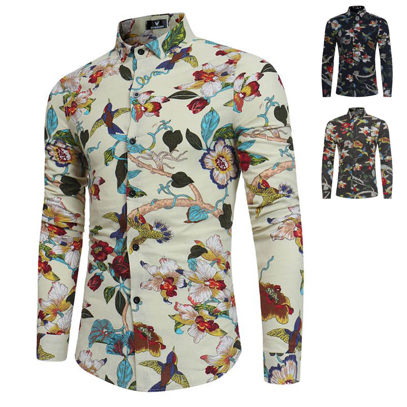 Men Dark Floral Print Shirt Casual Long Sleeve Male Black Tuxedo Dress Shirts Slim Fit Business Office Top XXXL