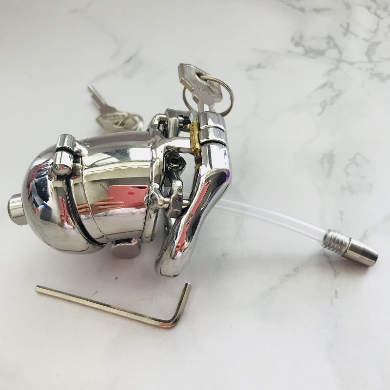 

Hinged Curve Base Ring 2 Lock Design Stainless Steel Chastity Device Cock Cage Open 1 Lock To Pee with Anti-spike ring and Catheter