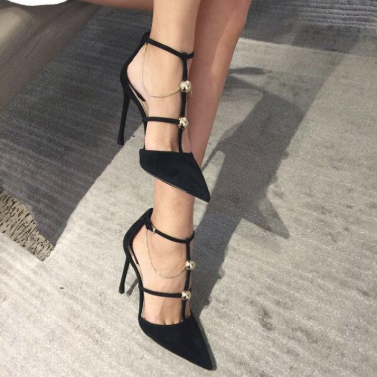 

2018 Newest Chains Women Shoes Black Pointed Toe Women Pumps Fashion High Heels 8 cm Party Sexy Wear