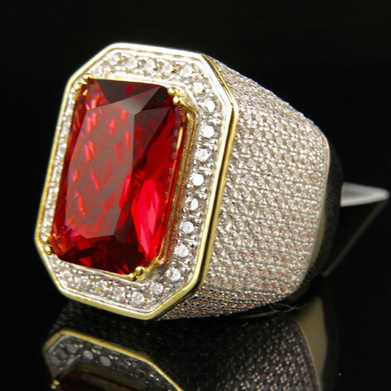 Fashionable gold-plated men's rings Full diamond artificial red Gemstone Ring Luxurious wedding party jewelry size 8 9 10 11 12
