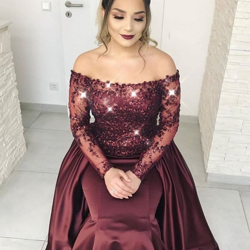 

Glamorous Beads Applique Prom Dress With Overskirt Off Shoulder Applique Long Sleeve Party Gowns Sexy Dubai Satin Celebrity Evening Dress, Dark red