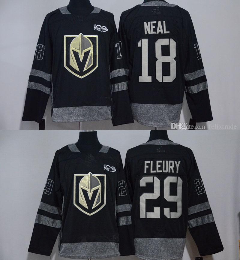 

29 Marc-Andre Fleury 100th Vegas Golden Hockey Jersey 18 James Neal 100th Anniversary Black All Stiched Hockey Jersey Knights, #18