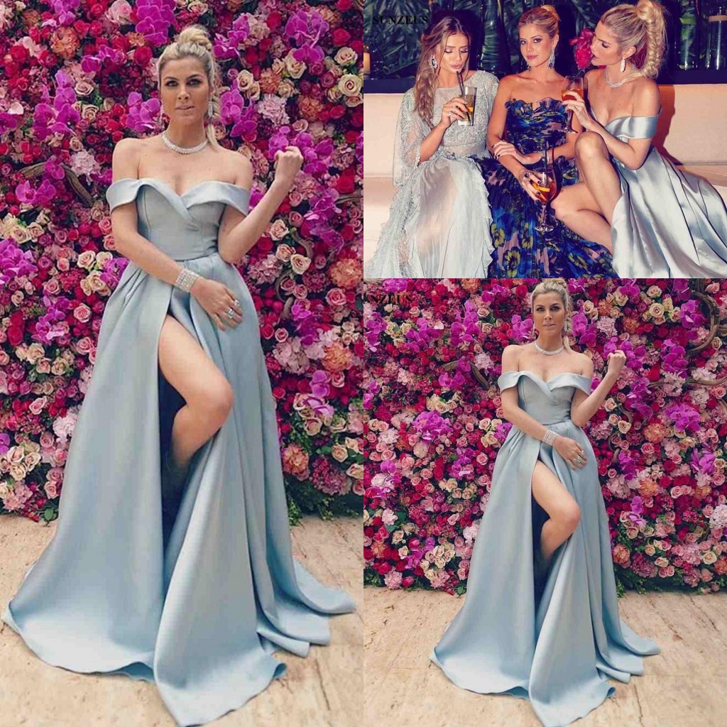 

New Sky Blue Off Shoulder Long Evening Dresses Wear 2018 Sexy Cheap Ruched Draped Side Split Custom Prom Gowns Cheap Party Celebrity Dresses, Purple