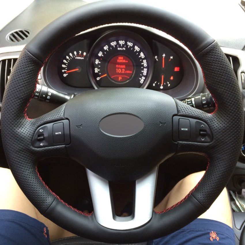 Black Genuine Leather DIY Hand-stitched Car Steering Wheel Cover for Kia Sportage 3 2011-2014 Kia Ceed Cee'd 2010-image-430161000