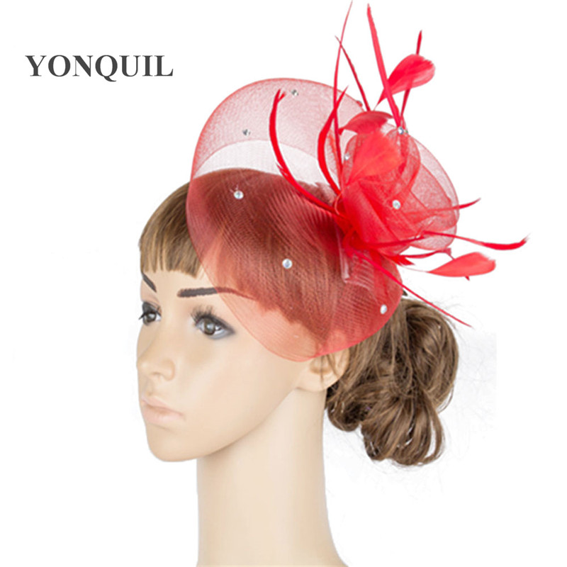 

Multiple color crinoline fascinator headwear feather colorful mesh occasion show hair accessories millinery event hat MYQ043