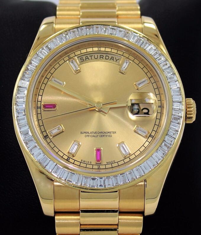 Livraison gratuite Day-Date II Président 218238 Baguettes en or 18 carats avec lunette sertie de diamants Mouvement mécanique Montre pour homme M