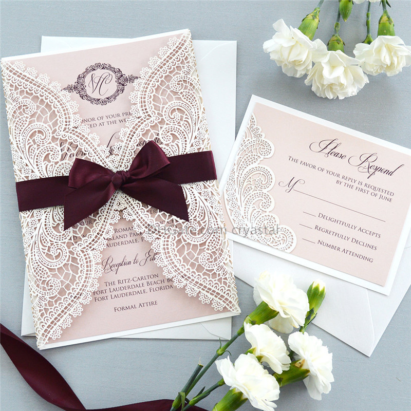 

WHITE CHANTILLY LACE Laser Cut Wrap Invitation - White Laser Cut Wedding Invitation with Blush Shimmer Insert and Burgundy Ribbon Bow, Ivory