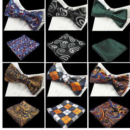 

GUSLESON New Design Self Bow Tie And Hanky Set Silk Jacquard Woven Men BowTie Pocket Square Handkerchief Suit Wedding Party