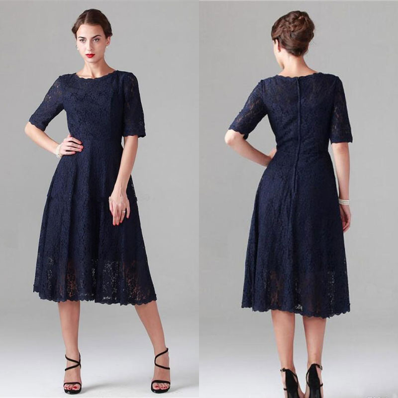

Elegant Dark Navy Mother Of The Bride Dresses Tea Length Full Lace Short Half Sleeves Cocktail Party Gowns Plus Size Wedding Guest Dress