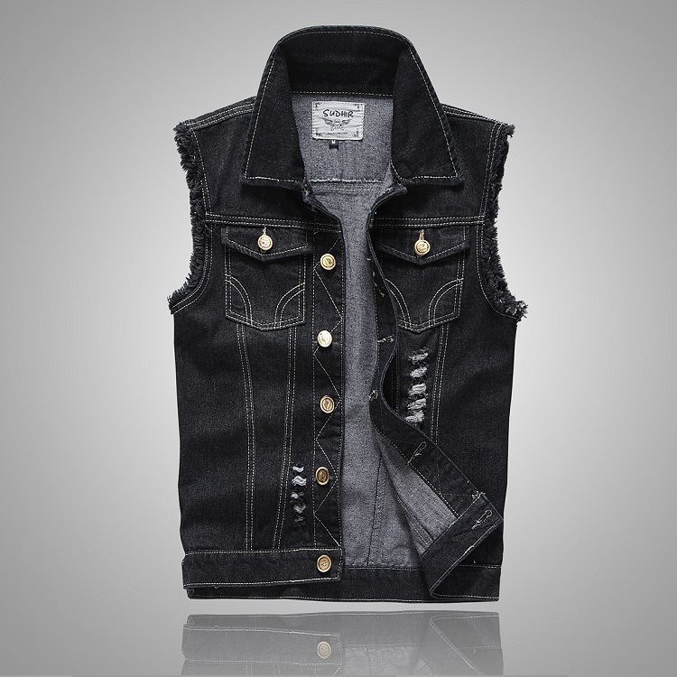 

Plus Size Ripped Black Denim Vest Mens Slim Fit Male Jeans Sleeveless Jacket Tank Top Cowboy Brand 5XL Armhole Style