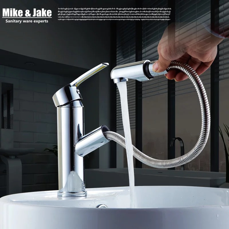 Bathroom Pull out basin faucet bathroom water tap with sprayer shower head chrome pull down basin mixer-image-409569282