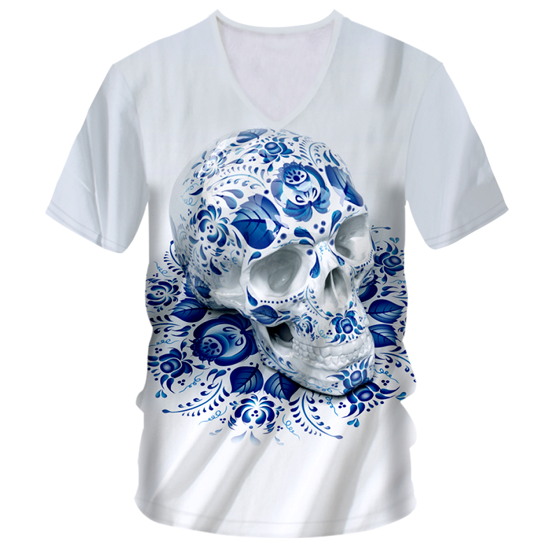 

OGKB T Shirts Men' Hot V-neck Short Sleeve Skulls 3D Tee Shirt Printing Blue Skulls Hip Hop Street 7XL Clothing Unisex T-shirt