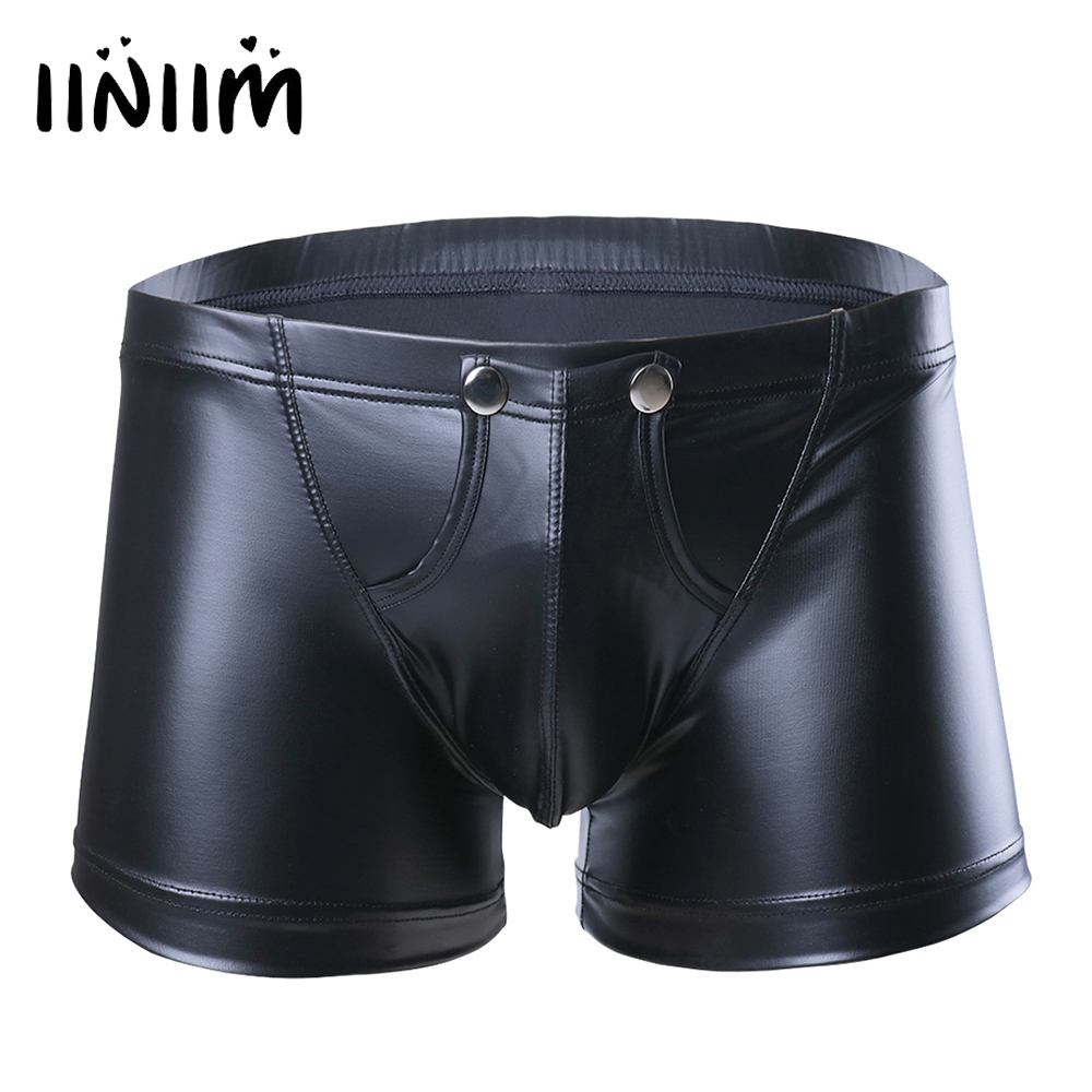 iiniim Hot Sexy Men Lingerie Faux Leather Shorts Underpants Underwear Open Press Buon with Bulge Pouch Boxer Shorts for Mens
