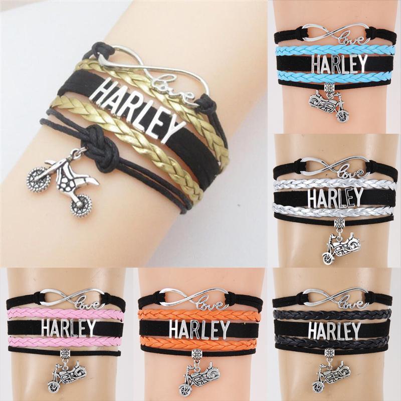 

New Harley motorcycle charm Bracelets Biker Multi layer Leather wrap braided bracelet popular Jewelry 6 colors wholesale KKA1740, Golden;silver