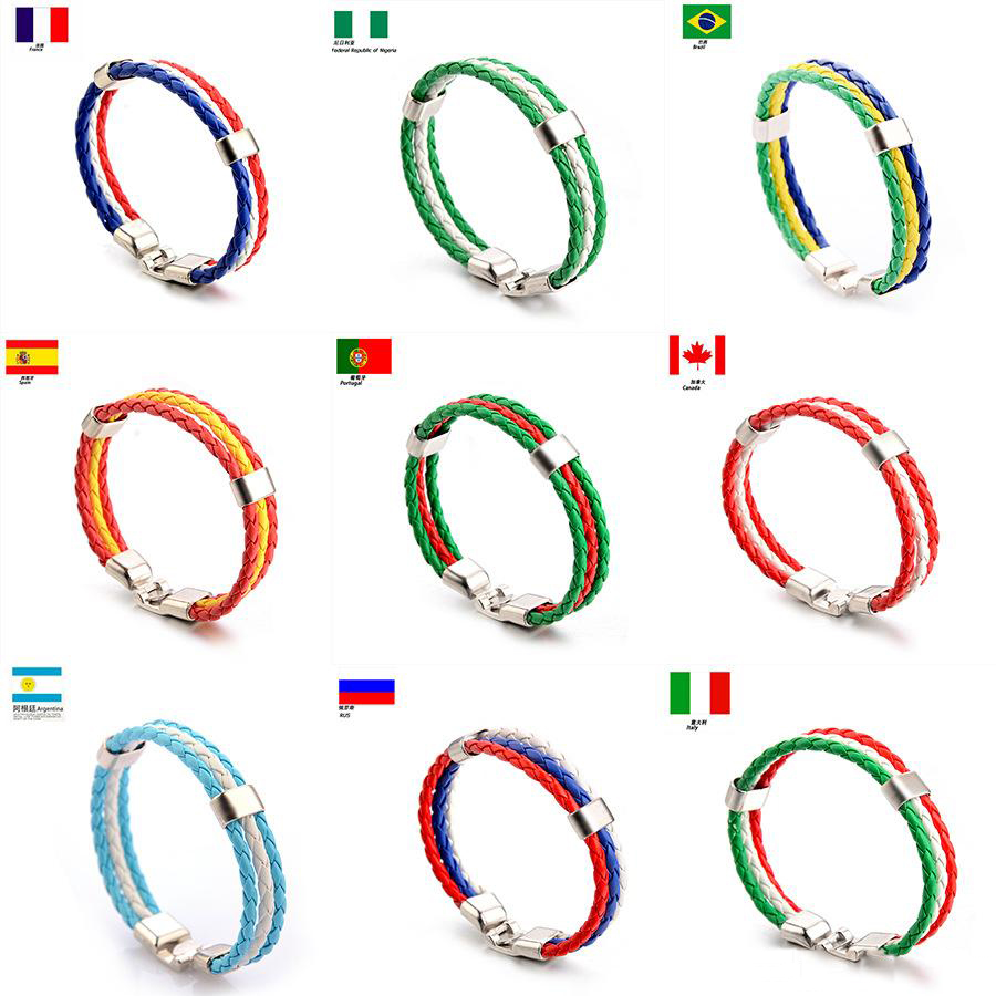 

World Cup Football Soccer Team Leather Bracelet With National Flag Stripe Charms Handmade Braided Wristband Fans Gift