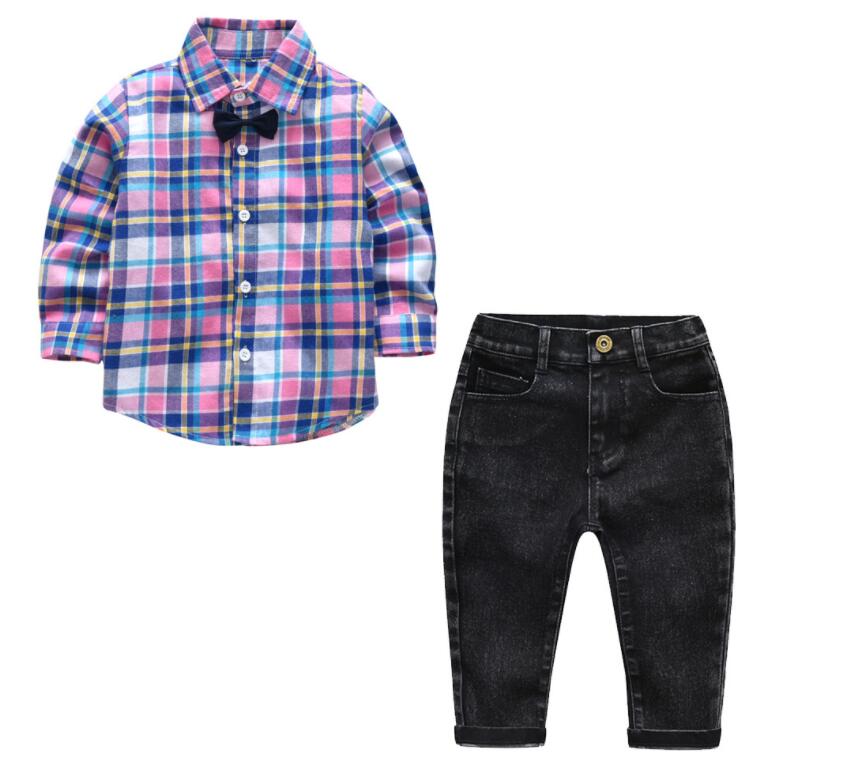 

Boy Lattice T-shirt Jean Pants Set Two Pieces Baby Spring and Autumn Trousers Suit Kids Long Sleeve Tops and Pant Suit Children Clothes, As picture