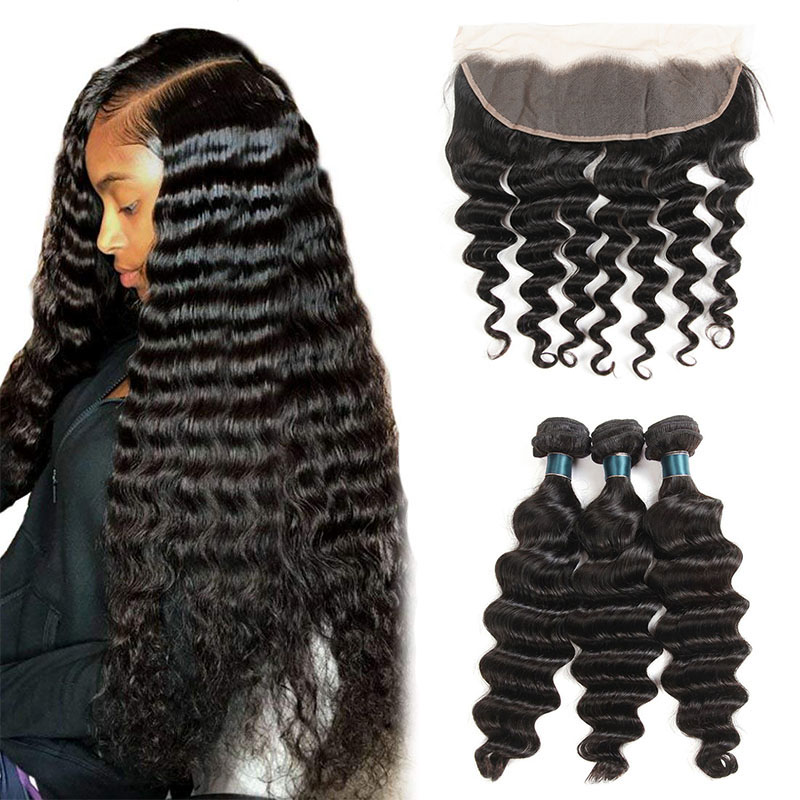 

Brazilian Loose Deep Wave Virgin Hair 3 Bundles with Closure Unprocessed Human Hair Weave with 13x4 Lace Frontal Closure, Natural color