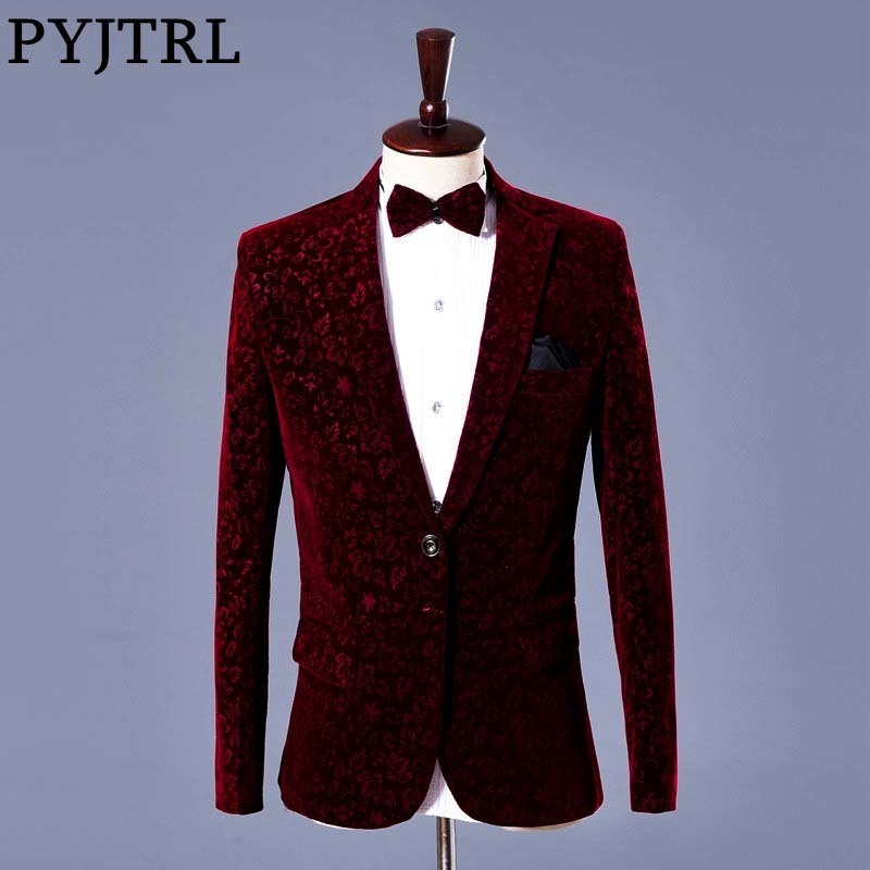 

PYJTRL Men Autumn Winter Wine Red Velvet Floral Print Wedding Suit Jacket Slim Fit Blazer Designs Stage Costumes For Singers, Jacket with bow tie
