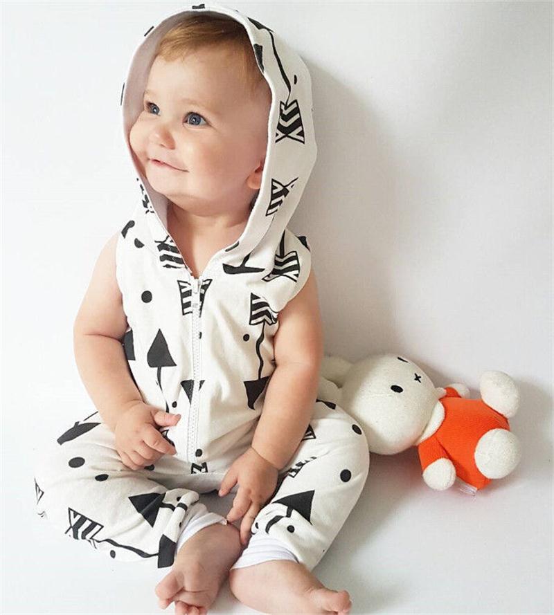 

Baby Arrow Print Rompers Newborns Sleeveless zipper rompers Kids Clothes Boy Girls Hooded Jumpsuit Overall 0-24M, As pic